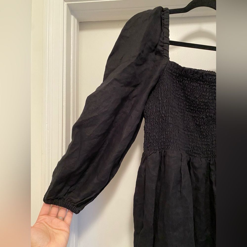 J. Crew Linen Daydream Smocked Midi Dress, Large Tall, Black puff sleeve - Picture 5 of 8
